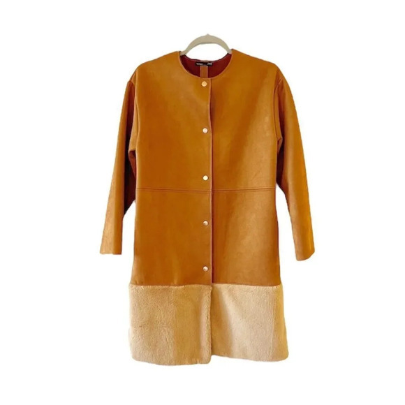 Zara Faux‎ Fur Ultrasuede Coat Brown Size Small Snap Front Blogger Fave Cozy - Picture 1 of 13